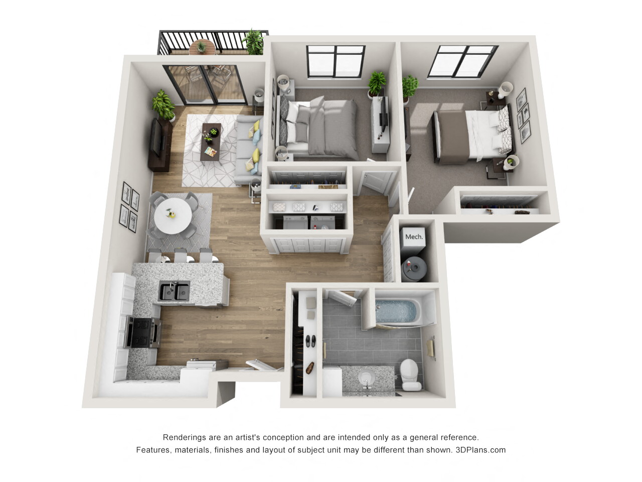 Floor plan for 2 beds, 1 bath, 940 sqft